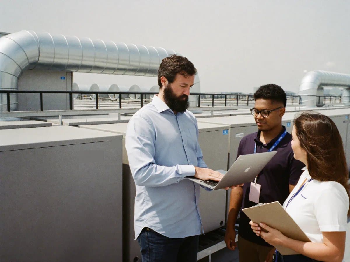 Engineers reviewing equipment specs on a laptop beside rooftop HVAC units