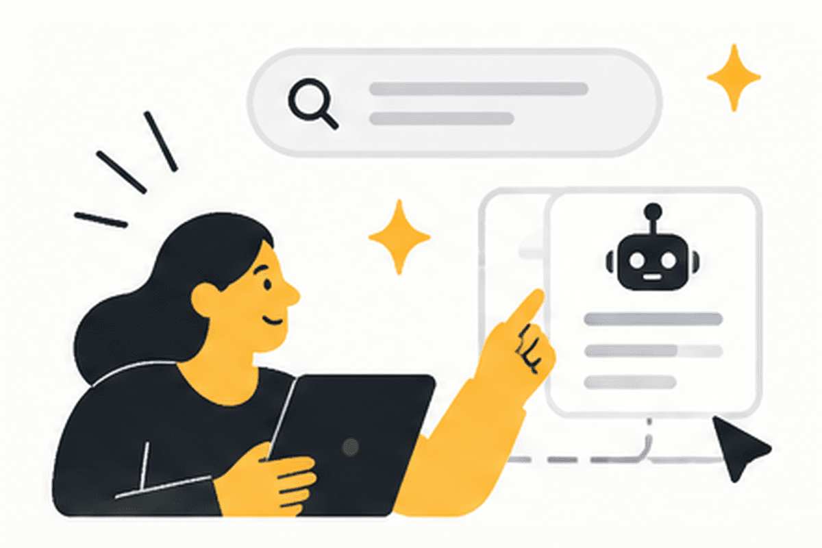 Illustration of a person checking how an AI assistant answers a search
