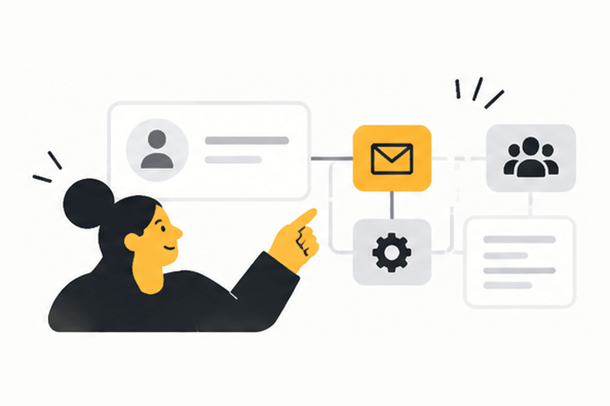 Illustration of a person pointing to a contact record connected to email, settings, and team workflows