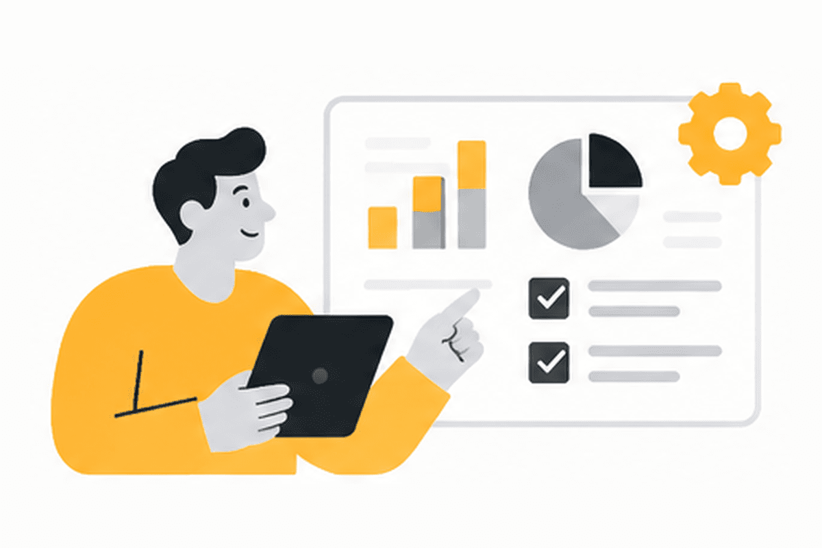 Illustration of a person reviewing a dashboard of charts and completed checklist items