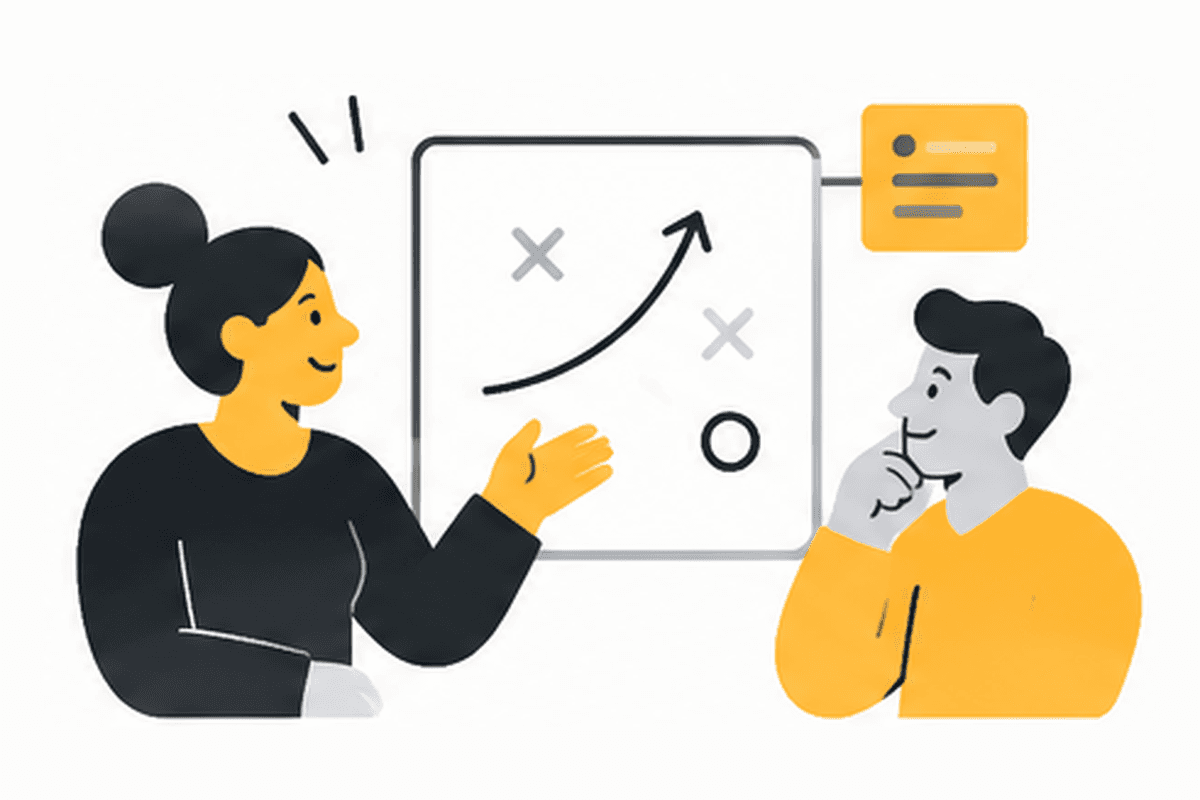 Illustration of a strategist walking a client through a plan on a whiteboard