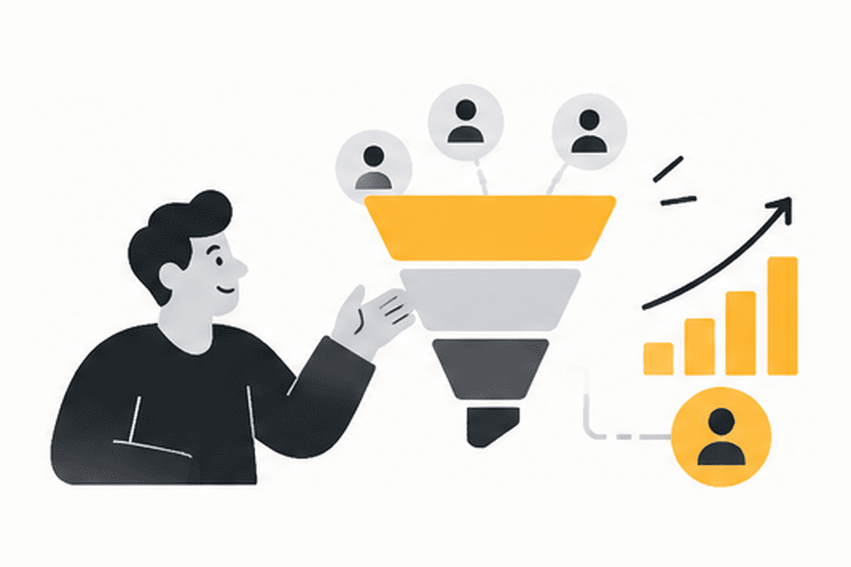 Illustration of a person guiding leads through a funnel toward growing results