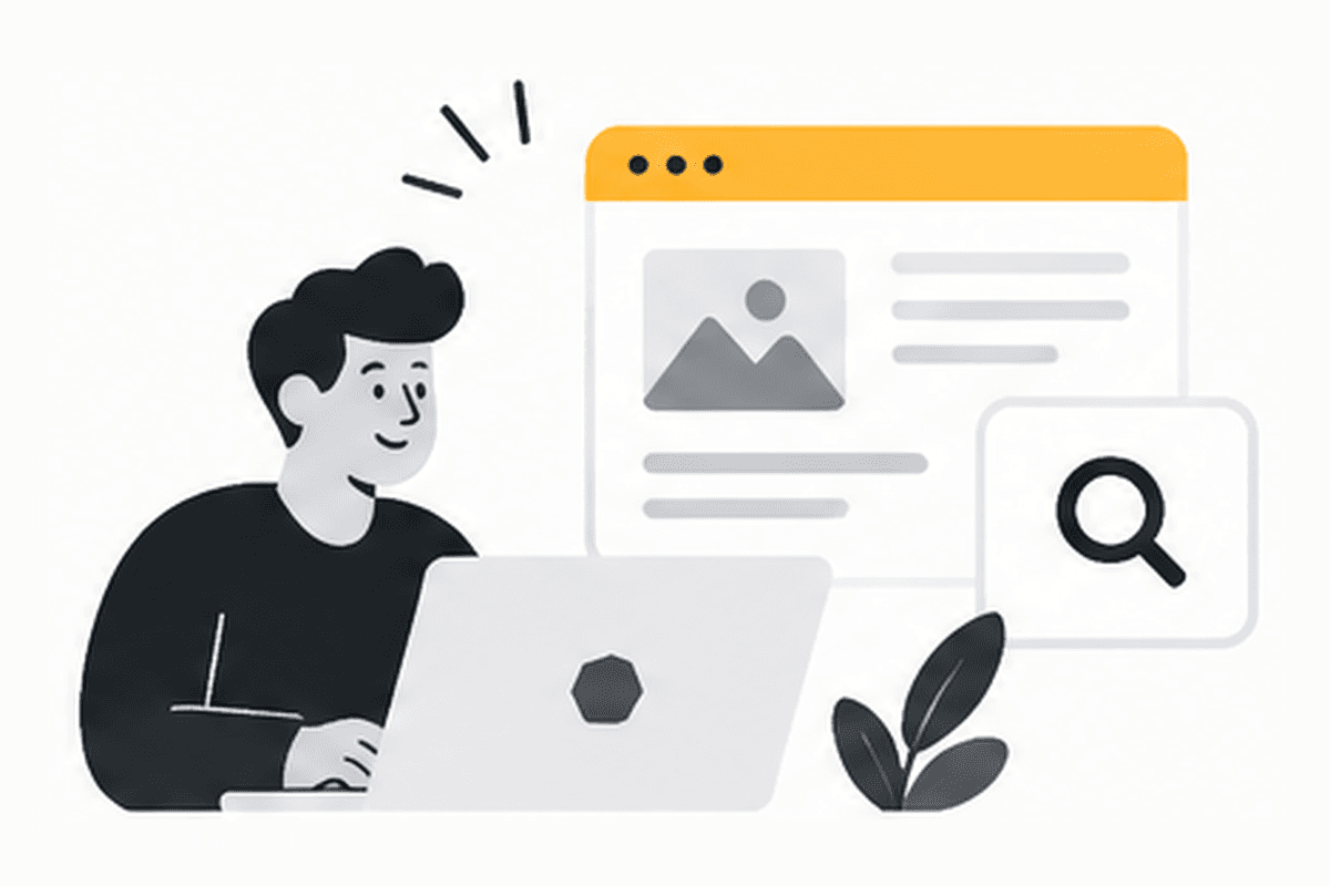 Illustration of a person building a website, with a search icon beside the page