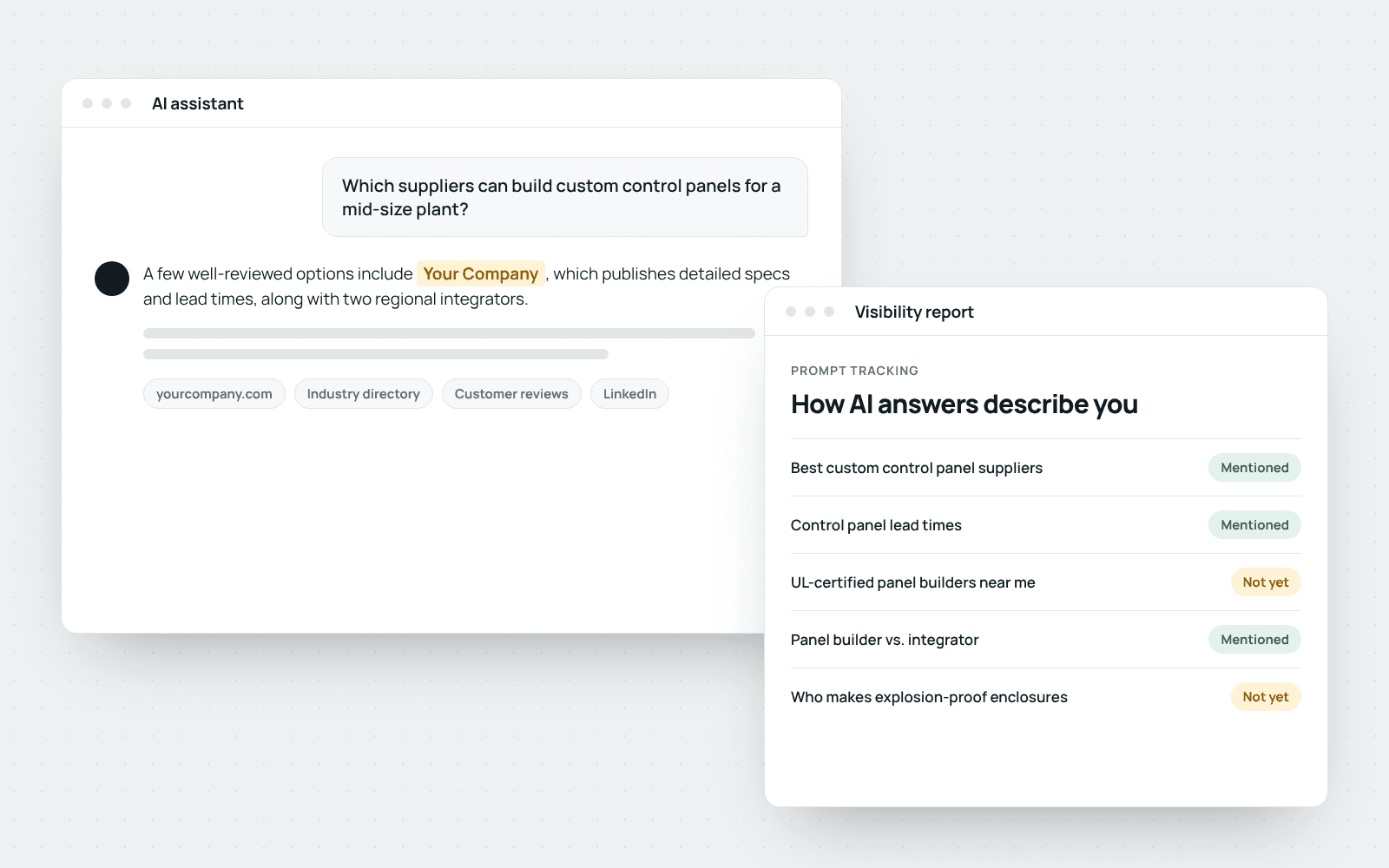 Example AI assistant answer naming a company, next to a report tracking which buyer prompts mention it