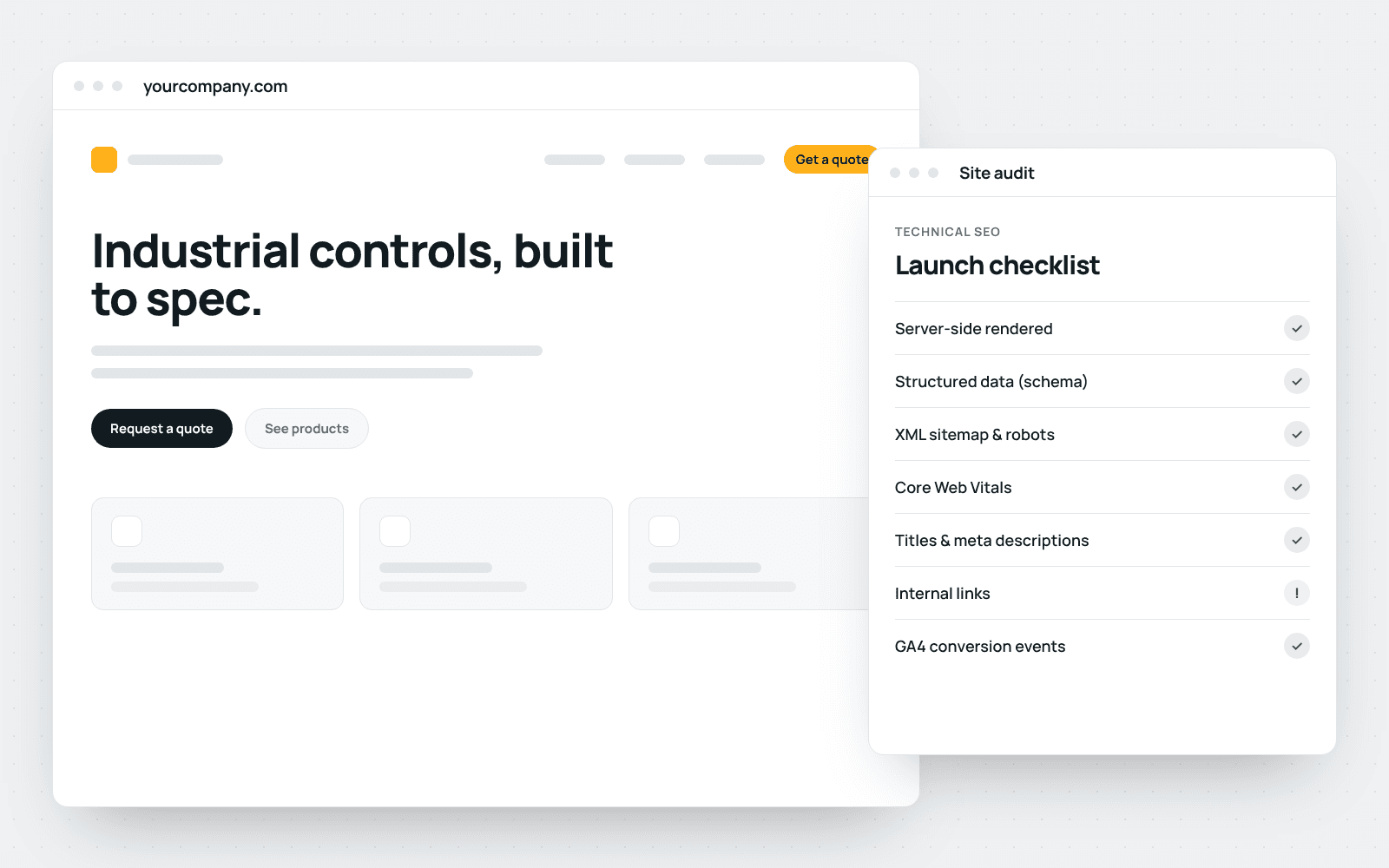 Example website alongside a technical SEO launch checklist covering rendering, schema, sitemap, and Core Web Vitals